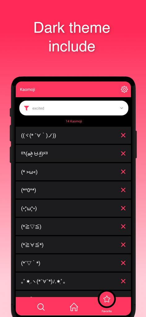 Kaomoji Emoticon - Kaomoji Emoticon app interface in dark mode showing a list of excited text emojis