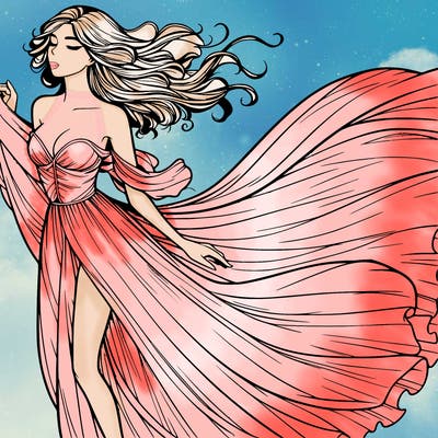 realistic woman in dress flowing the the wind