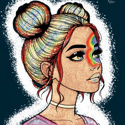 realistic girl with buns on the top of her head