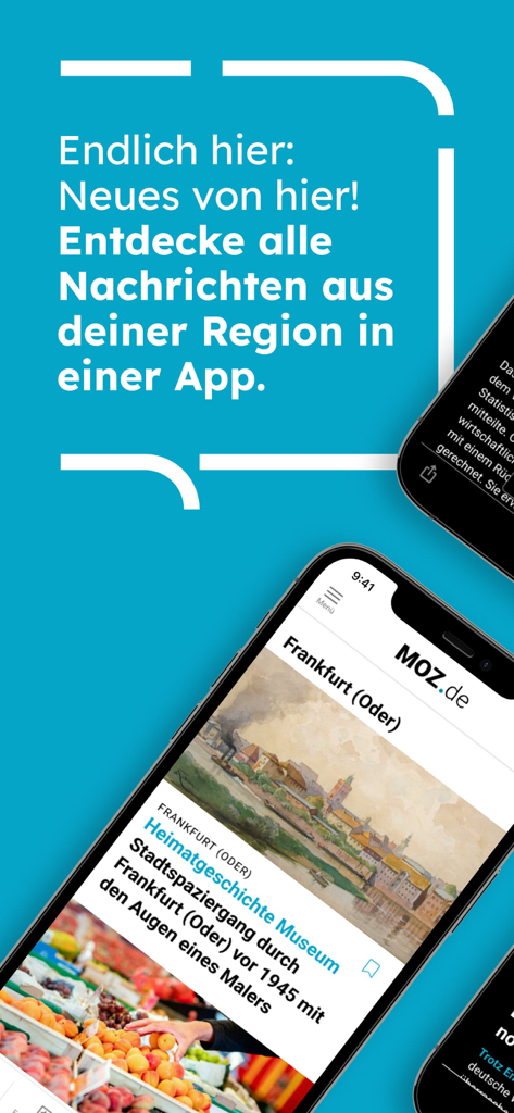 MOZ.de - Smartphone displaying the MOZ.de regional news app with a headline about Frankfurt Oder.