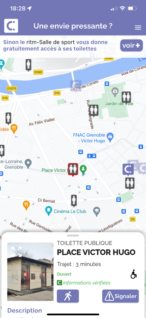 Interface de mapa do ICI toilettes mostrando locais de banheiros públicos em uma cidade com informações de acessibilidade e tempo de viagem