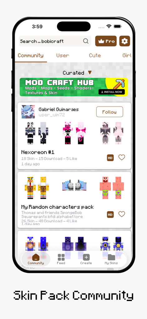 A screen displaying various user-created Minecraft skin packs in the app community gallery.