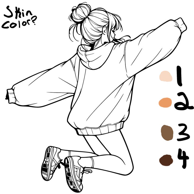 realistic girl jumping with a bun and oversized sweatshirt