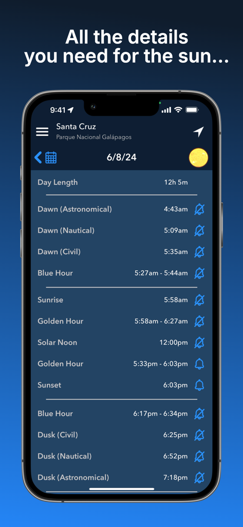 Una pantalla móvil que muestra una lista de horarios solares que incluyen amanecer, atardecer, hora dorada y hora azul en la aplicación Lumos
