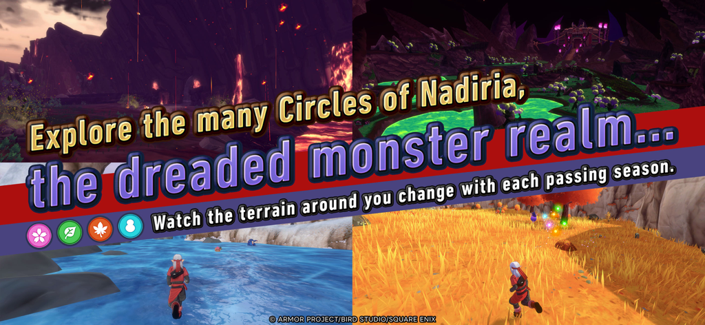 DQM: The Dark Prince - Un collage che mostra il personaggio Psaro che esplora diversi ambienti stagionali e paesaggi nel regno dei mostri di Nadiria.