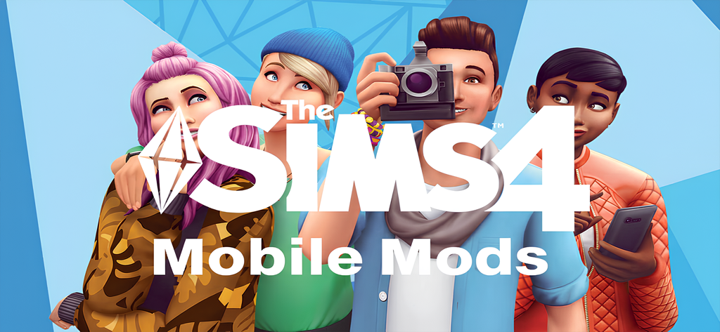 네 명의 스타일리시한 캐릭터와 앱 제목이 포함된 심즈 4 모바일 모드 게임 배너