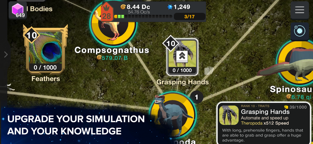 A screenshot of the dinosaur evolution tech tree in Cell to Singularity showing upgrades for Compsognathus and Spinosaurus