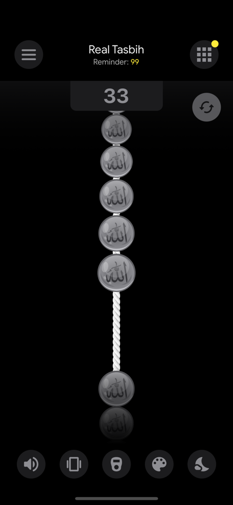 Real Tasbih Counter: Misbaha - Digital tasbih prayer beads with Arabic calligraphy in a dark mode interface for dhikr counting.