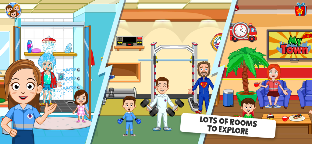 A split screen showing characters in a bathroom, gym, and lounge area inside a fire station
