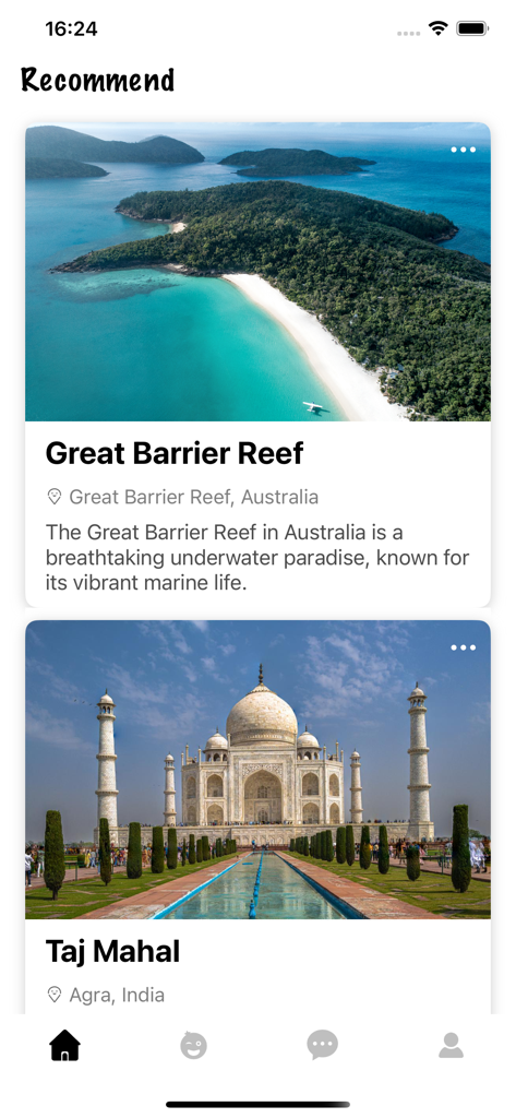 Chattr-Live Video, Chat - Chattr mobile app Recommend screen featuring travel destinations like the Great Barrier Reef and Taj Mahal