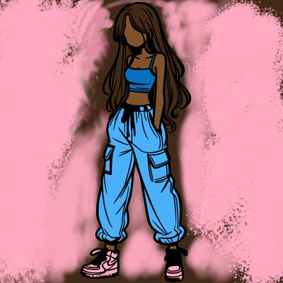 girl in baggy pants crop top and long hair