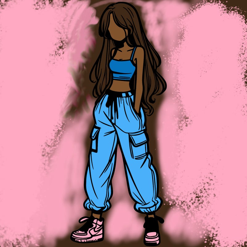 girl in baggy pants crop top and long hair