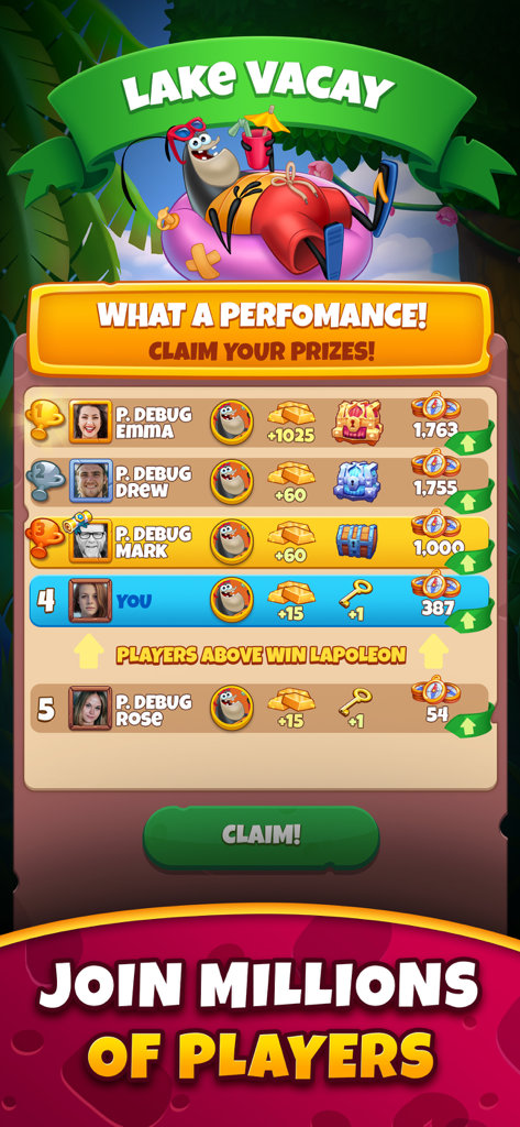 Best Fiends - Match 3 Puzzles - Écran du classement social de Best Fiends affichant les classements des joueurs et les récompenses gagnées.