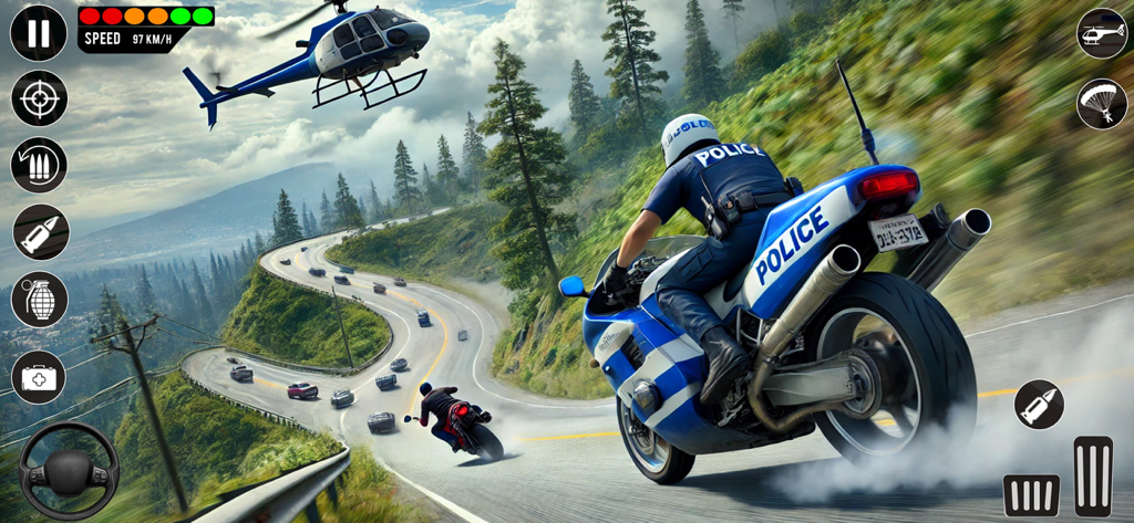 Police Car Games - Police Game - A police officer on a motorbike chasing a suspect on a winding mountain road with a police helicopter overhead
