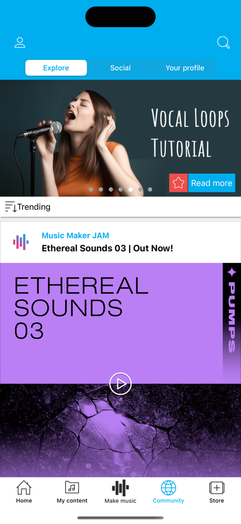 Home screen of Music Maker JAM app featuring a vocal loops tutorial banner and trending sounds section