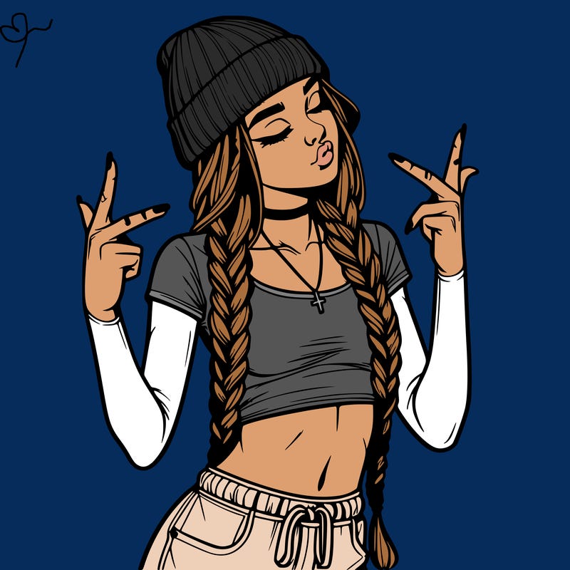 realistic teenage girl with braids and a beanie and crop top doing 🫶🏼