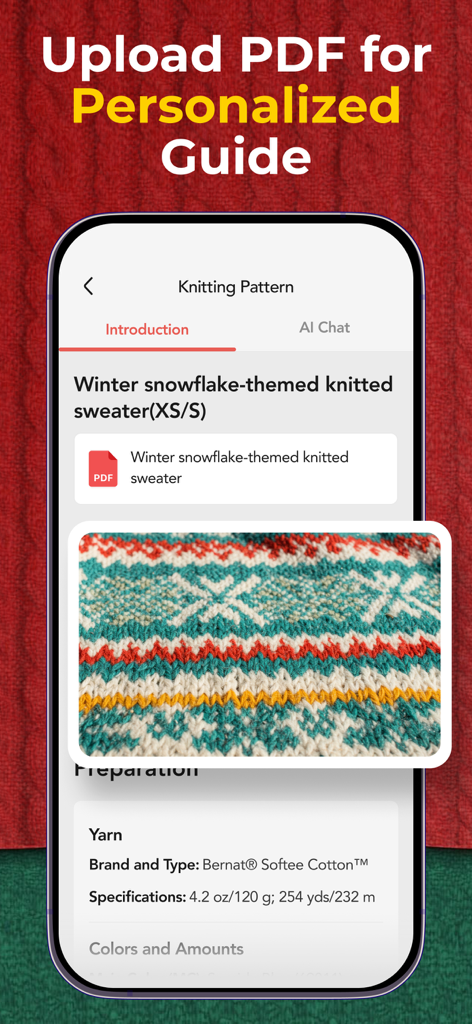 YarnPal - Crochet & Knitting - Interface de l'application YarnPal montrant un guide personnalisé pour un pull tricoté flocon de neige d'hiver après avoir téléchargé un fichier PDF de patron.