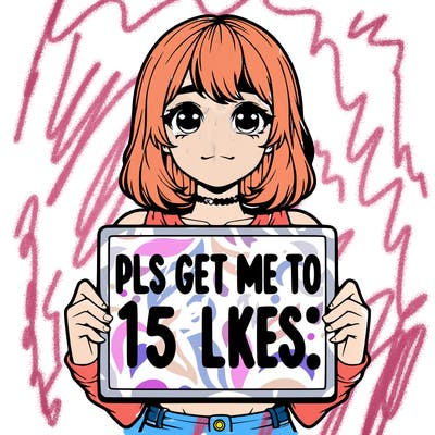 realistic girl holding up a sign that says “pls get me to 15 likes!”