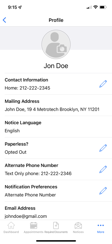 The user profile screen of the NYC ACCESS HRA mobile app displaying contact information, mailing address, and notification preferences.