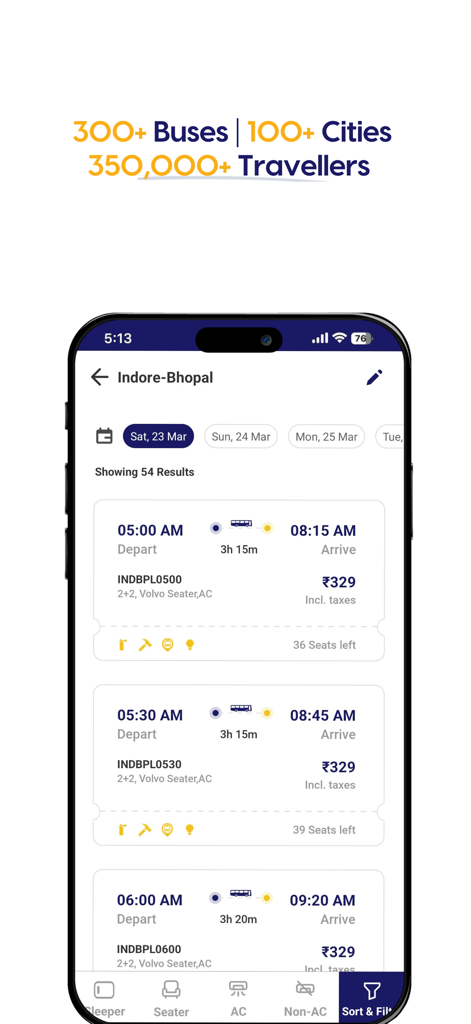 Chartered Bus - Chartered Bus mobile app screen showing bus search results for Indore to Bhopal