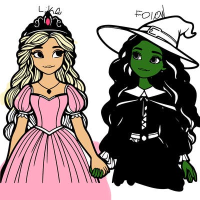 a princess and a witch holding hands realistic