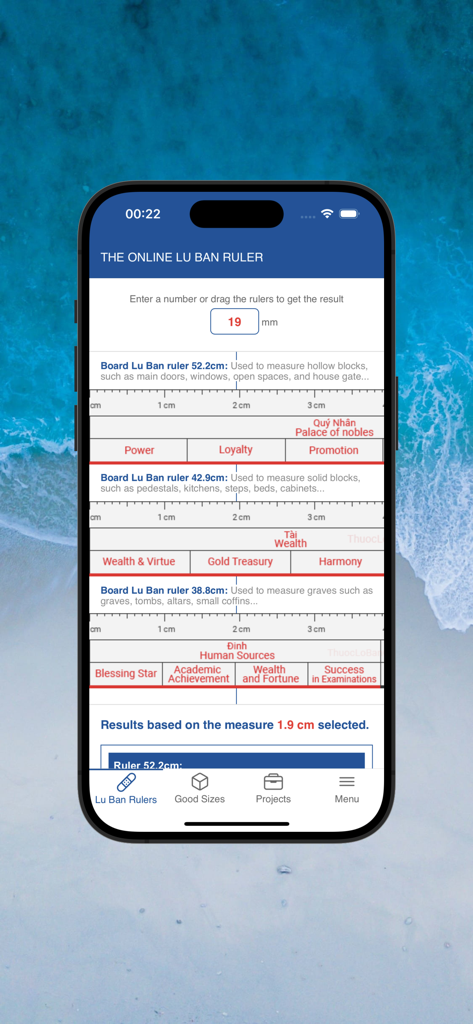 Interface of the Online Lu Ban Ruler app showing 52.2cm 42.9cm and 38.8cm scales with Feng Shui spiritual meanings
