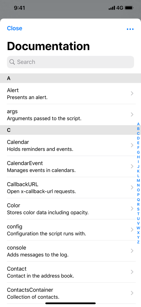 Tela de documentação listando APIs JavaScript para recursos nativos do iOS no aplicativo Scriptable.