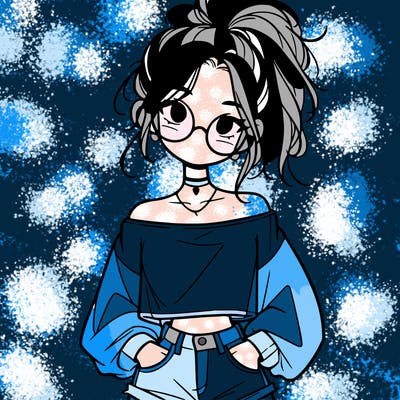 girl with a messy ponytail glasses a baggy crop top and jean shorts