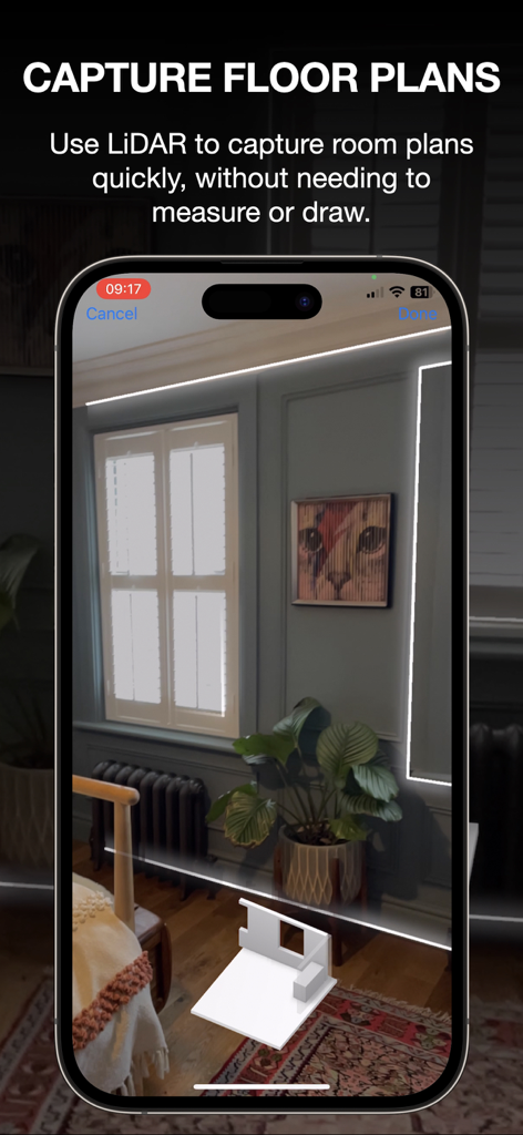 ARki: Building + Room Planner - Interfaz de la aplicación ARki que muestra la tecnología LiDAR capturando un plano de planta 3D de una habitación en un iPhone.