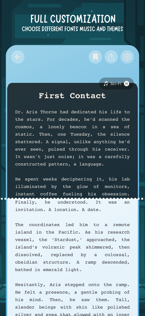 Storytize app interface showing full customization of fonts and themes for an immersive sci-fi reading experience
