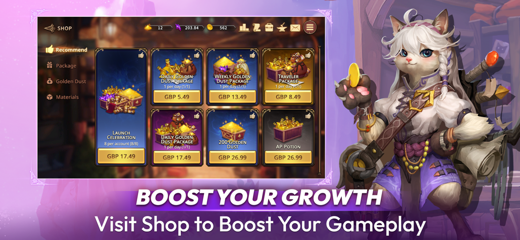 コインを持つ猫キャラクターが、様々なアイテムパッケージを表示するNine Chronicles Mのゲーム内ショップ