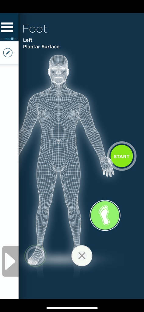 Pegasus 3D Foot Scan app interface showing a 3D human model and a green start button for scanning