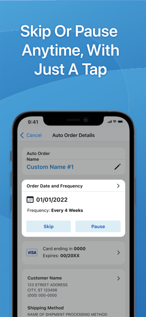 USANA - Uma tela de celular mostrando o aplicativo USANA com opções para pular ou pausar uma assinatura de pedido automático