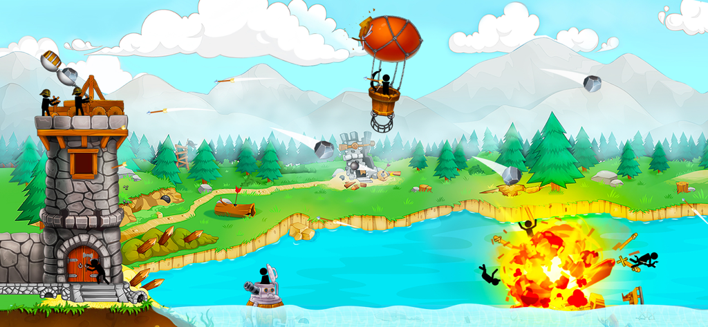 The Catapult: stick man game - Stickman defending a stone tower with a catapult against air and sea enemies