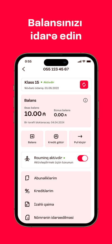 Dashboard dell'applicazione mobile Bakcell che mostra le opzioni di saldo e roaming