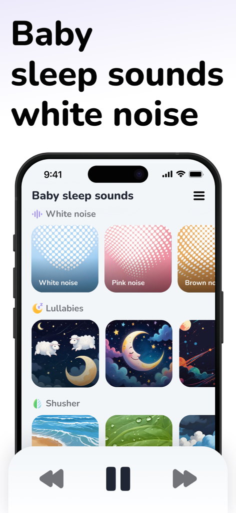 Pantalla de la aplicación AYA que muestra sonidos para dormir bebés con opciones de canciones de cuna con ruido blanco y grabaciones de 'shusher'.