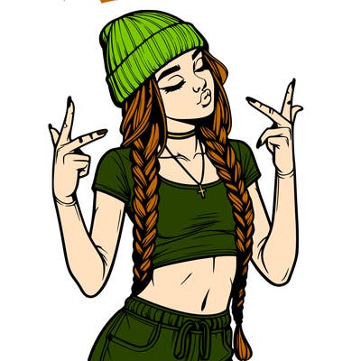 realistic teenage girl with braids and a beanie and crop top doing 🫶🏼
