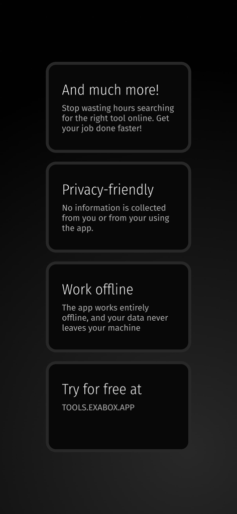 Developer Tools: Exabox - A feature summary screen for Exabox highlighting privacy-friendly policies and offline work capabilities for developers.