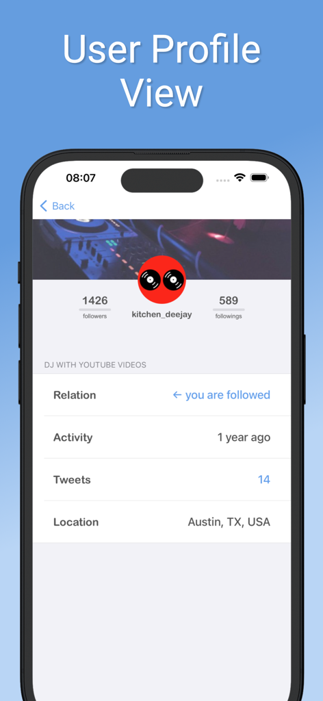 User profile screen in the app showing account activity location and follower relationship status