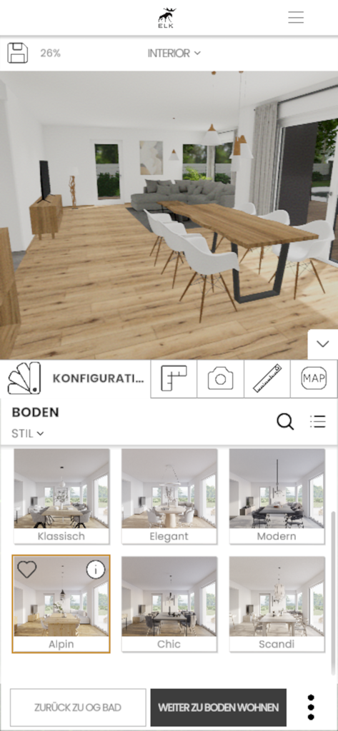 ELK House Designer - Interfaccia dell'app mobile ELK House Designer che mostra un soggiorno 3D con opzioni di stile del pavimento