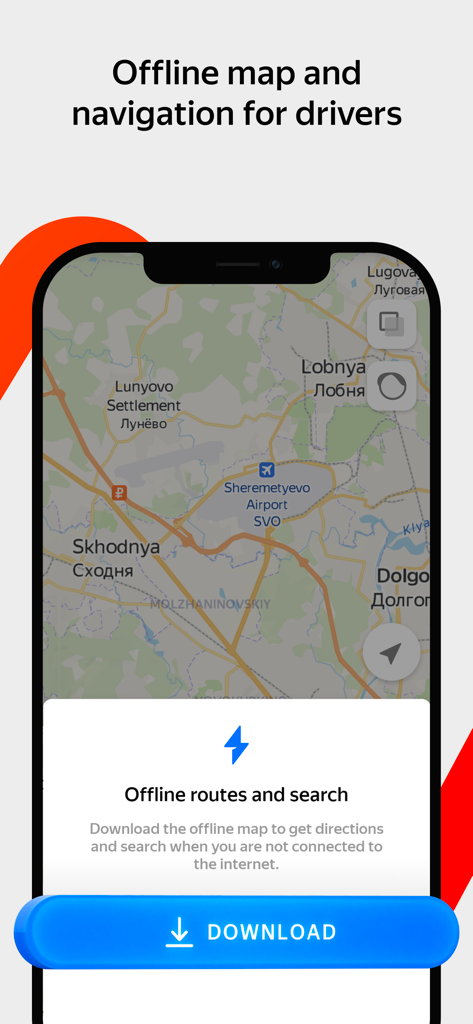 Interface do Yandex Maps exibindo download de navegação offline para o Aeroporto de Sheremetyevo