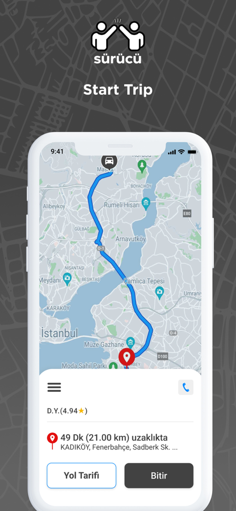 Smartphone screen showing a trip navigation route on a map within the TAG Surucu driver app