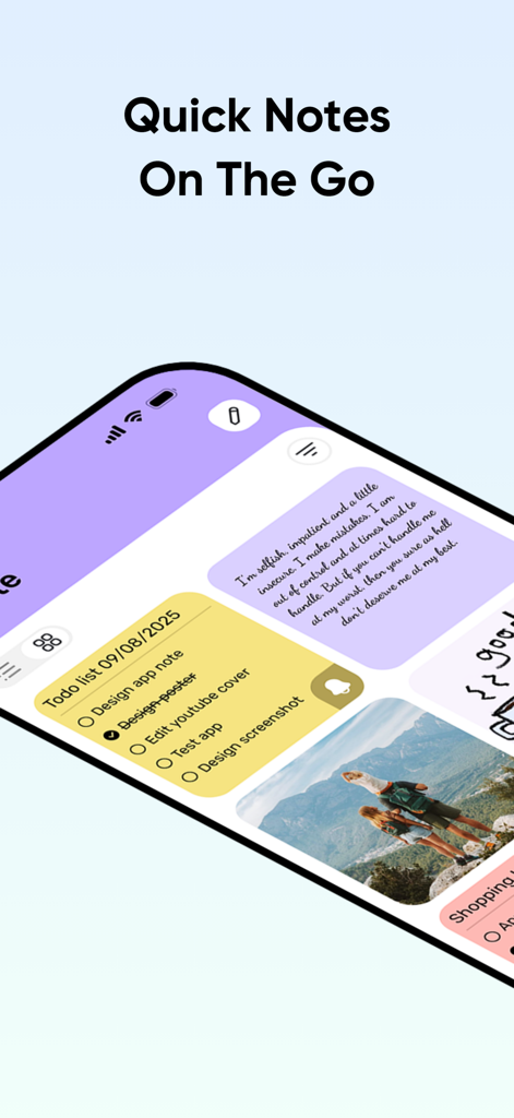 Color Note – Think Clearly - Una vista de cuadrícula de notas codificadas por colores y una lista de tareas pendientes en la aplicación Color Note