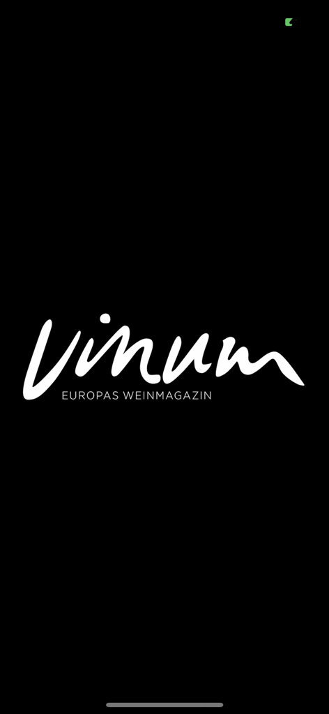 Vinum Weinmagazin app splash screen displaying the white stylized logo and tagline on a black background
