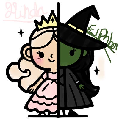detailed split of a princess and a witch