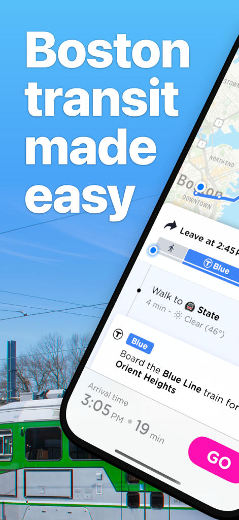 Boston Transit: MBTA Tracker - Smartphone screen displaying a trip planner on the Boston Transit app with live MBTA Blue Line train information.