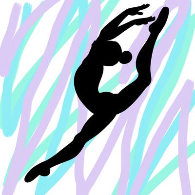 gymnast doing a leap in a leotard with a bent back leg