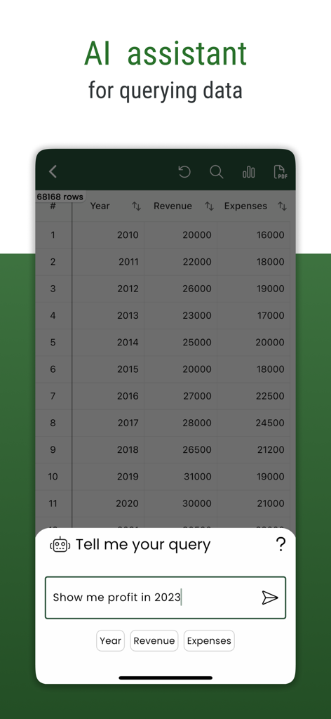 CSV File Viewer - Smart CSV - Smart CSV app interface showing the AI assistant feature for querying spreadsheet data