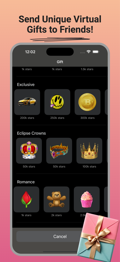 Schermata dell'app Eclipse Chat che mostra regali virtuali come auto di lusso, corone e oggetti romantici per gli amici.