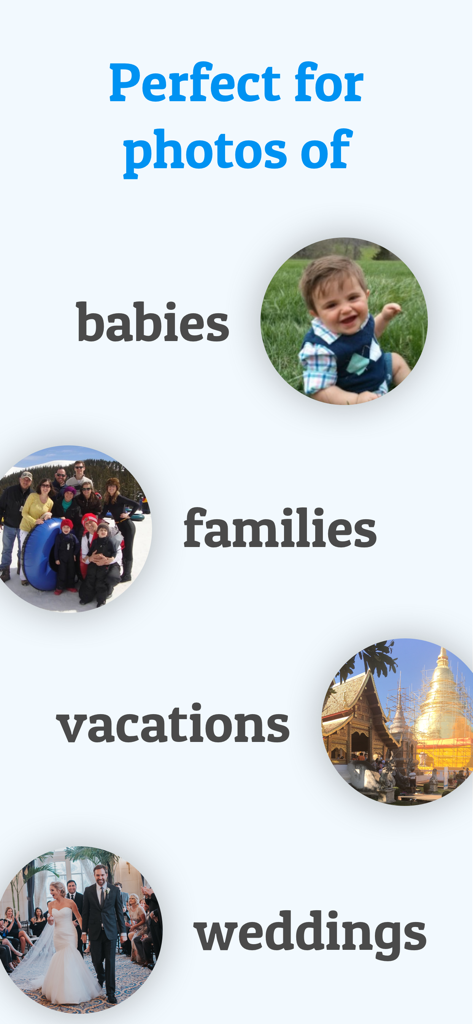 Cluster app screen displaying photo categories for babies families vacations and weddings